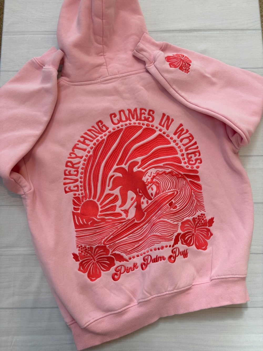 Pink Palm Puff Hooded Sweatshirt with Coral Palm & Hibiscus Embroidery - Picture 6 of 7